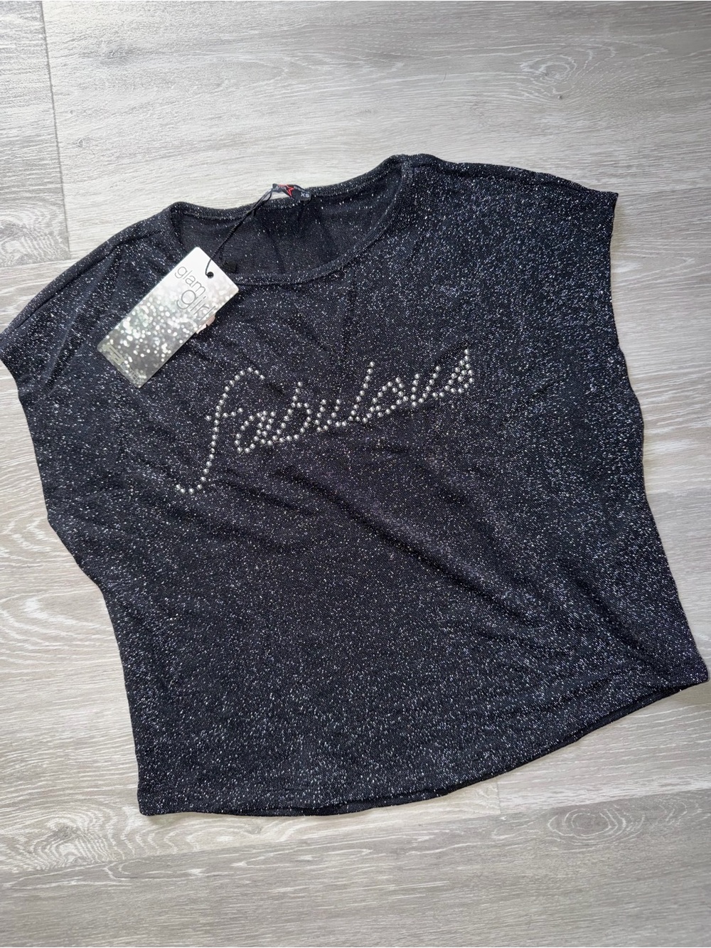 Fabulous Studded Black Glitter Tee - Glamorous Casual Top